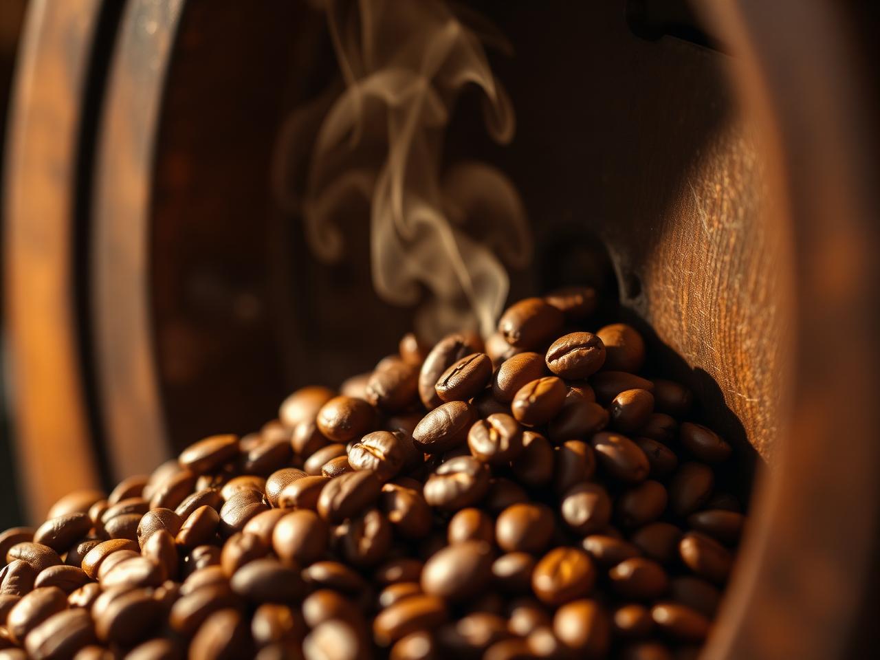 Freshly roasted coffee beans pouring from a roaster